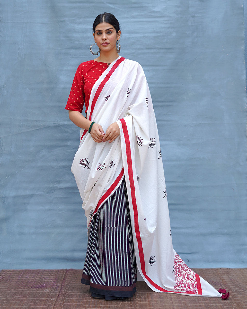 Moon & Mist Black & White Handblock Print Cotton Saree - MIS
