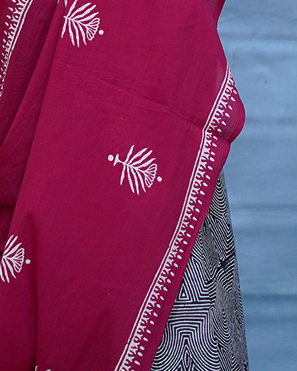 Charulata Maroon Handblock Printed Cotton Saree - Soil