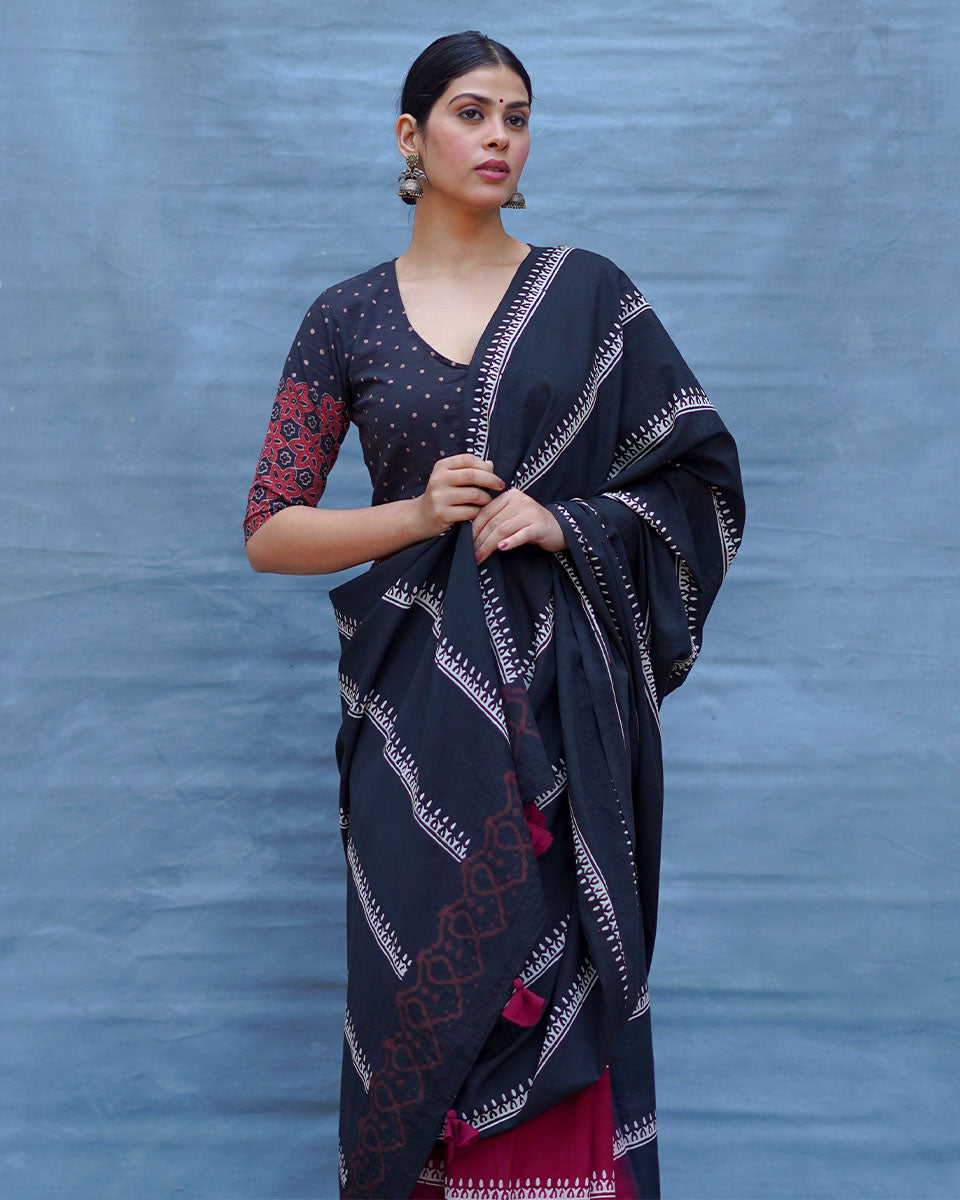 Mrinal Black With Maroon Handblock Printed Cotton Saree - Soil