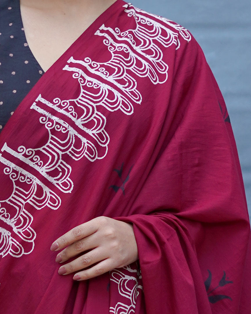 Damini Maroon With Black Handblock Printed Cotton Saree - Soil