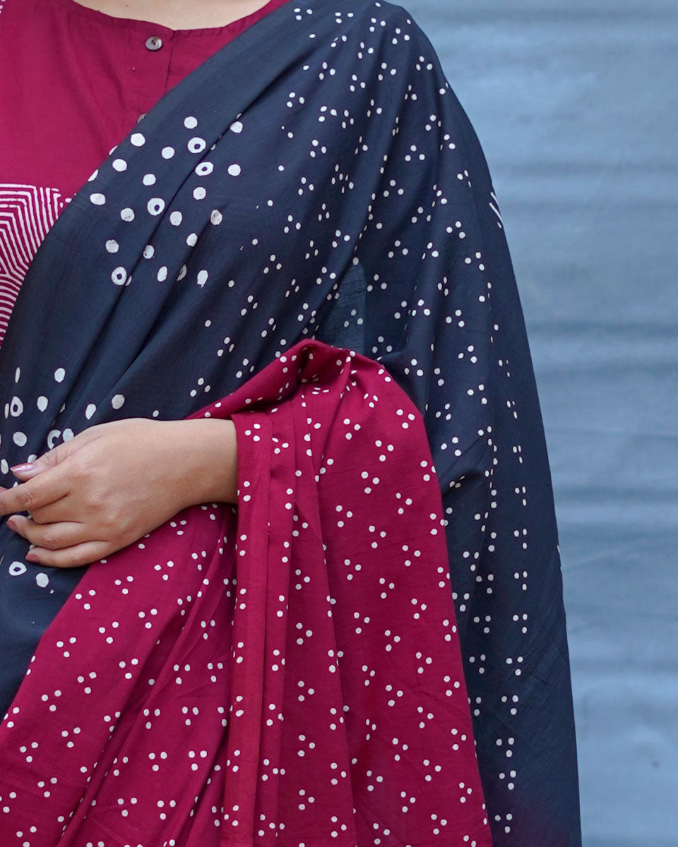 Nandini Maroon With Black Handblock Printed Cotton Saree - Soil