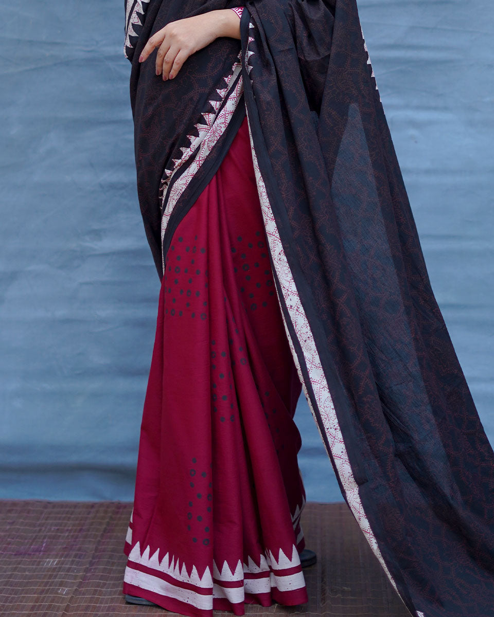 Mrinmoyee Maroon With Black Handblock Printed Cotton Saree - Soil