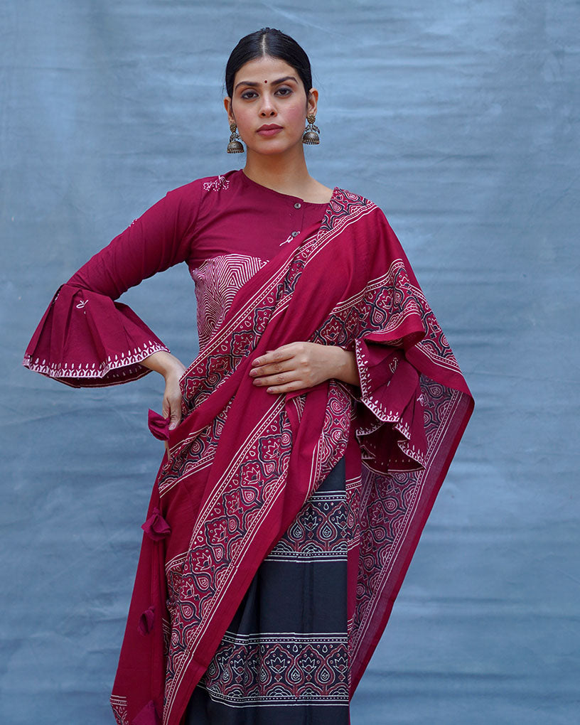 Labanya Maroon Handblock Printed Cotton Saree - Soil