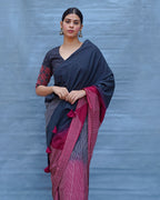 Bimala Black With Maroon Handblock Printed Cotton Saree - Soil