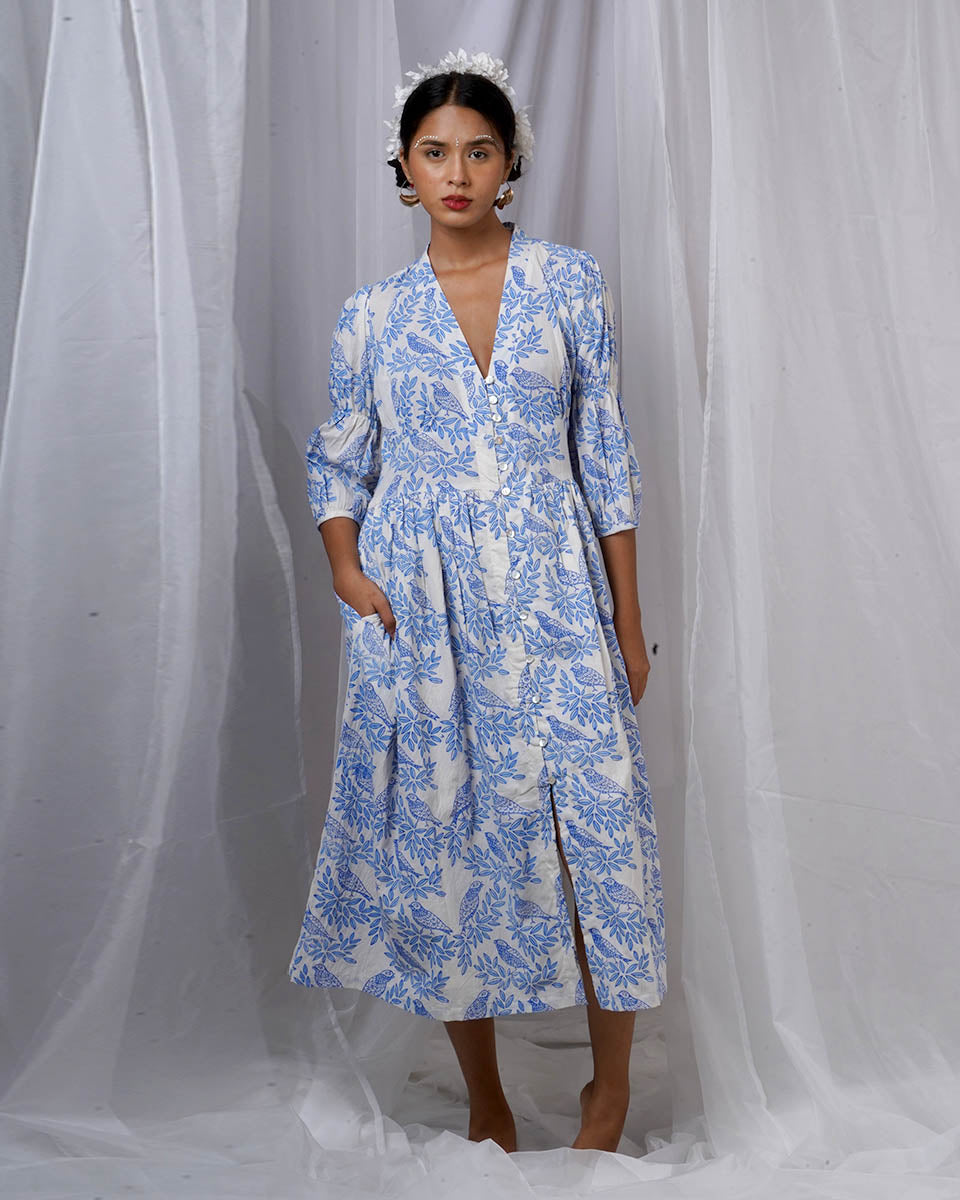 Neyra Ivory Blue Hand Block Printed Dress-BAD
