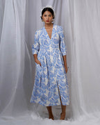 Neyra Ivory Blue Hand Block Printed Dress-BAD