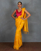 Roshni Yellow Handblock Linen Saree - TARA