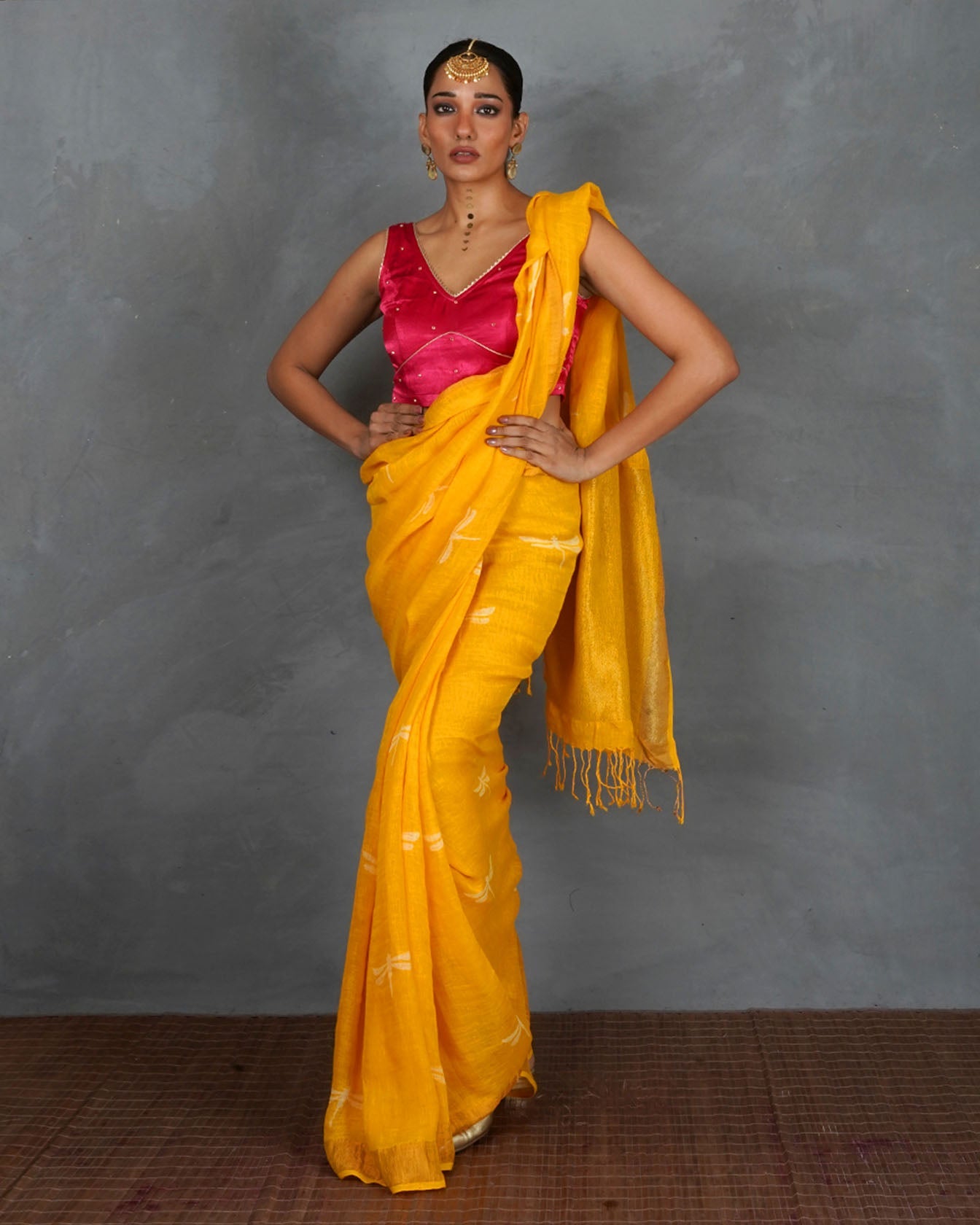 Roshni Yellow Handblock Linen Saree - TARA