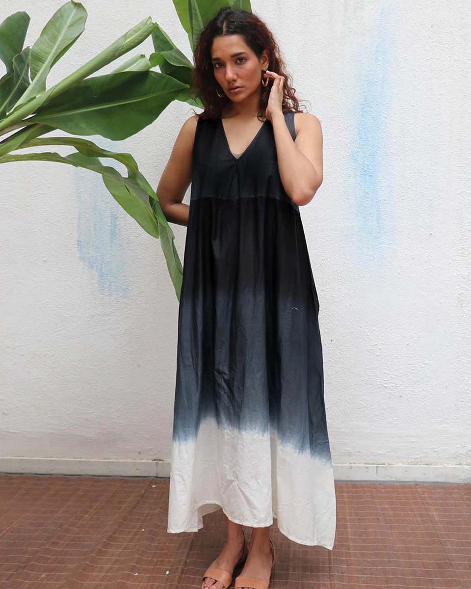 Blackberry Matcha Handblock Printed Cotton Dress - Mono