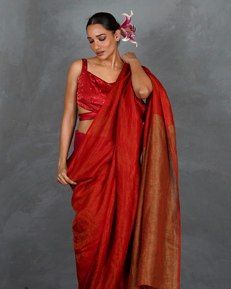 Glow On Red Handwoven Linen Saree - TARA