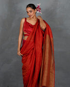 Glow On Red Handwoven Linen Saree - TARA