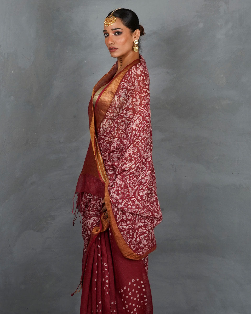 Urvi Maroon Handblock Linen Saree - TARA