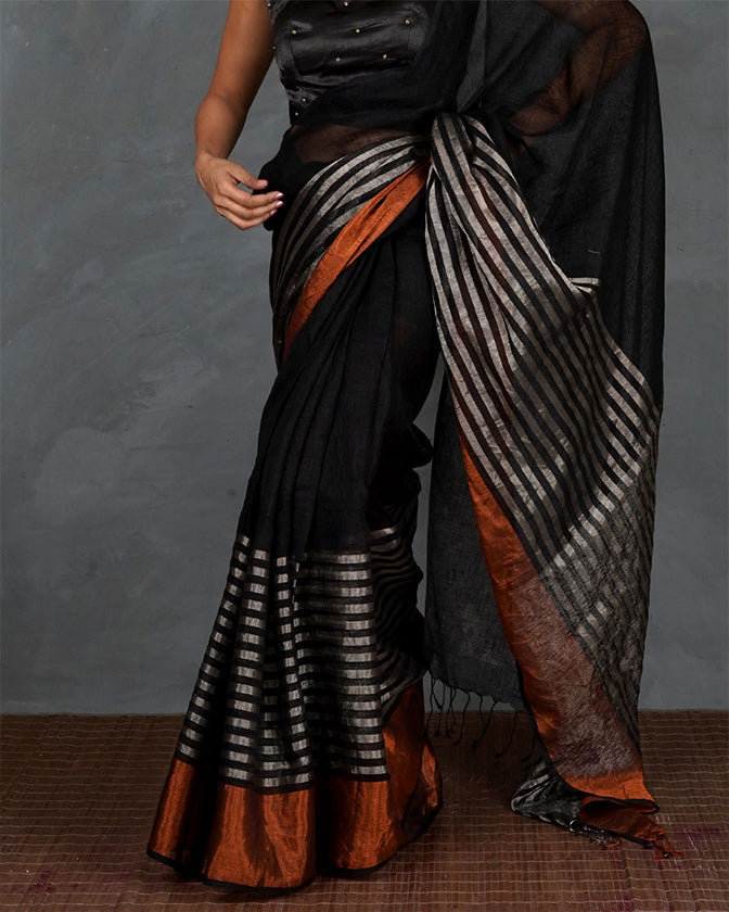 Follow Dawn Black Handwoven Linen Saree - TARA