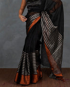 Follow Dawn Black Handwoven Linen Saree - TARA