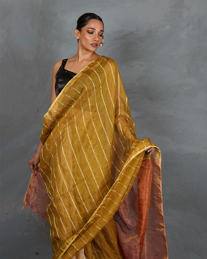 Catch Stars Mustard Gold Handwoven Linen Saree - TARA