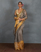 Burn Soft Silver With Black Strip Handwoven Linen Saree - TARA