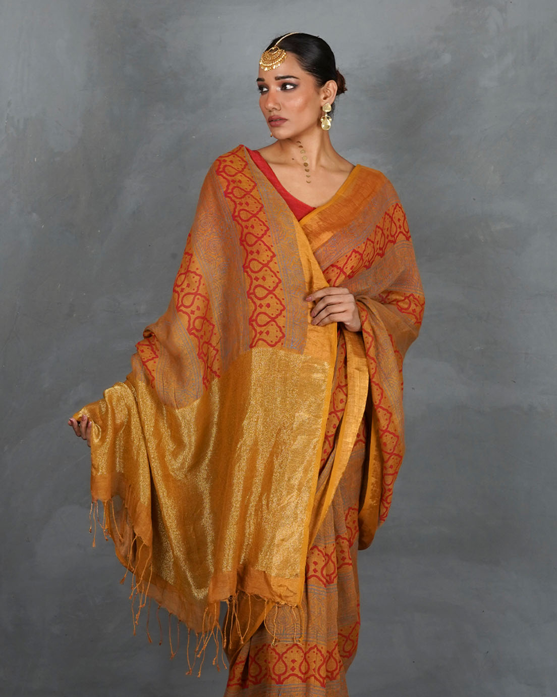 Deepika Mustard Handblock Linen Saree - TARA
