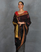 Tejasvi Black Handblock Linen Saree - TARA