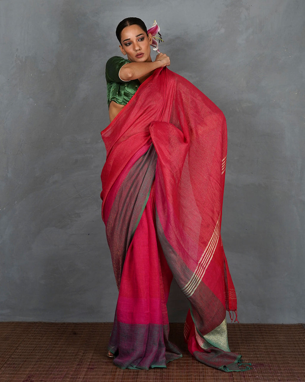 Glow Forward Red With Green Handwoven Linen Saree - TARA