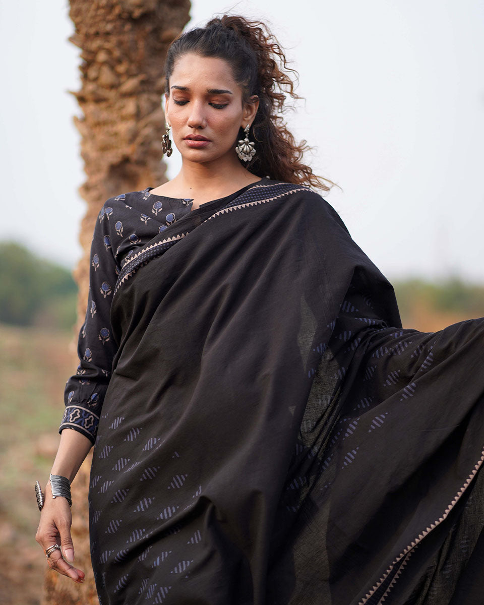 Sweet Jasmine Blockprinted Cotton Saree-WWB