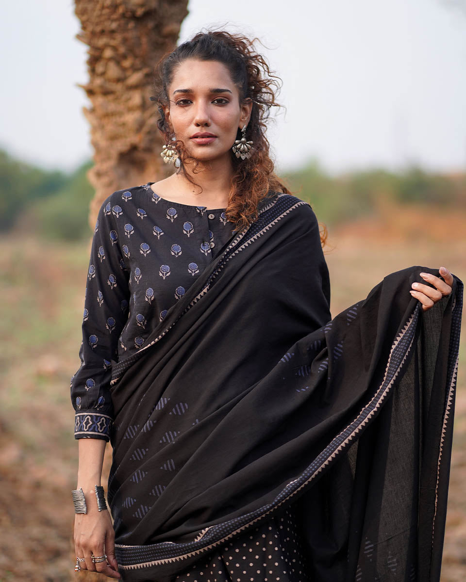 Sweet Jasmine Blockprinted Cotton Saree-WWB
