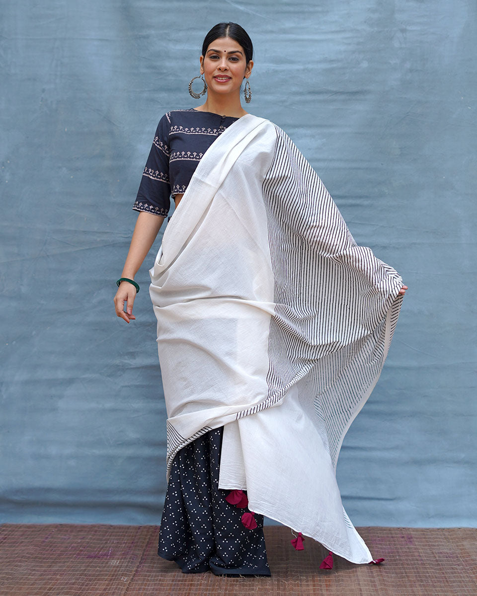 B&W Muse Black & White Handblock Print Cotton Saree - MIS