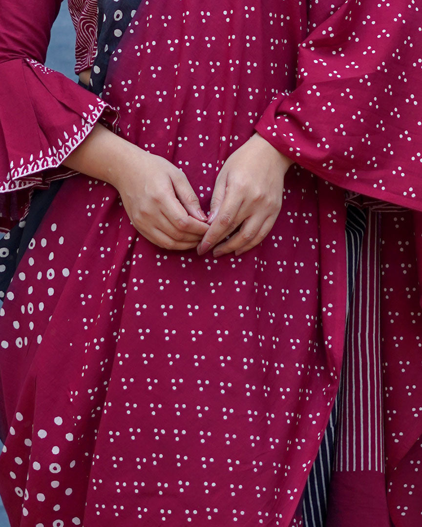 Nandini Maroon With Black Handblock Printed Cotton Saree - Soil