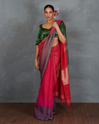 Glow Forward Red With Green Handwoven Linen Saree - TARA