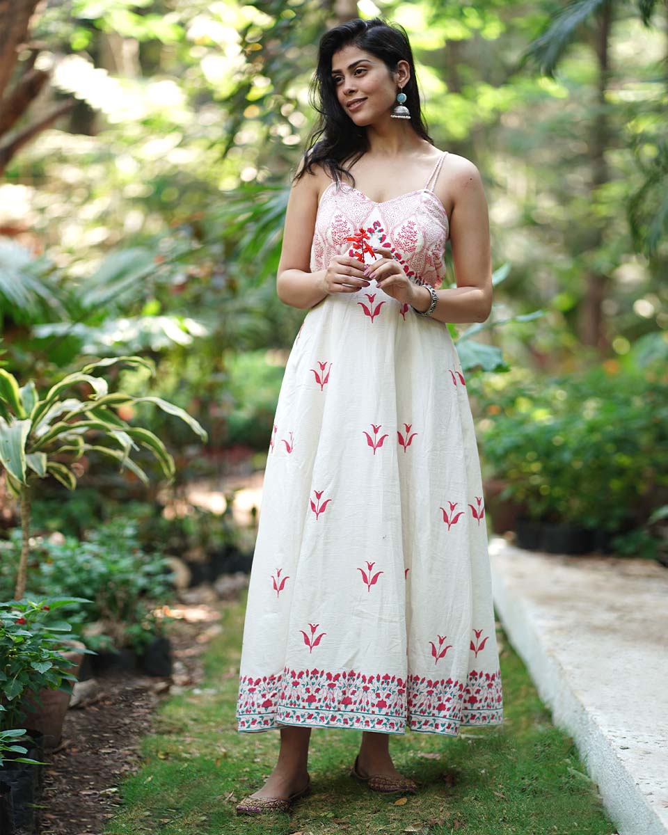 Bluebellâ€™s Breeze Ivory Block Printed Cotton Dress - MMG