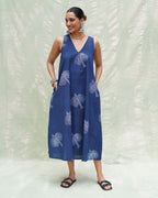 Adana Malhar Blue Handblock Print Cotton Dress - INDI