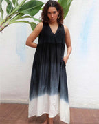 Blackberry Matcha Handblock Printed Cotton Dress - Mono