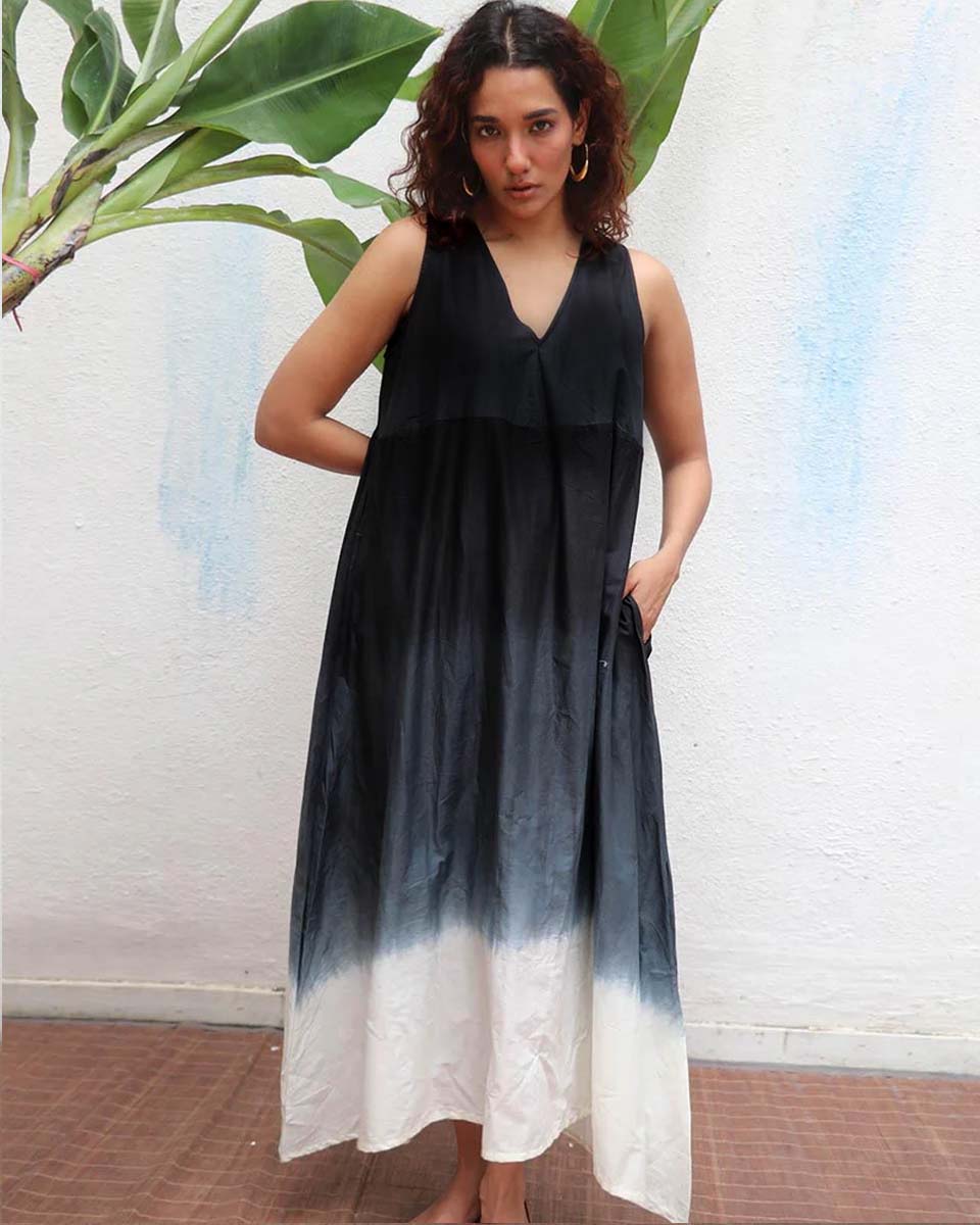 Blackberry Matcha Handblock Printed Cotton Dress - Mono