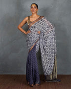 Prabha Blue With White Handblock Linen Saree - TARA