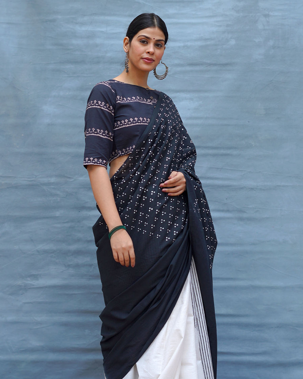 Monochrome Magic Black & White Handblock Print Cotton Saree - MIS