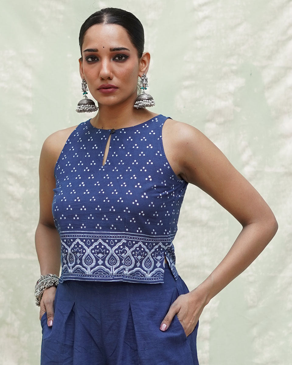Khamaj Blue Handblock Print Cotton Blouse - INDI