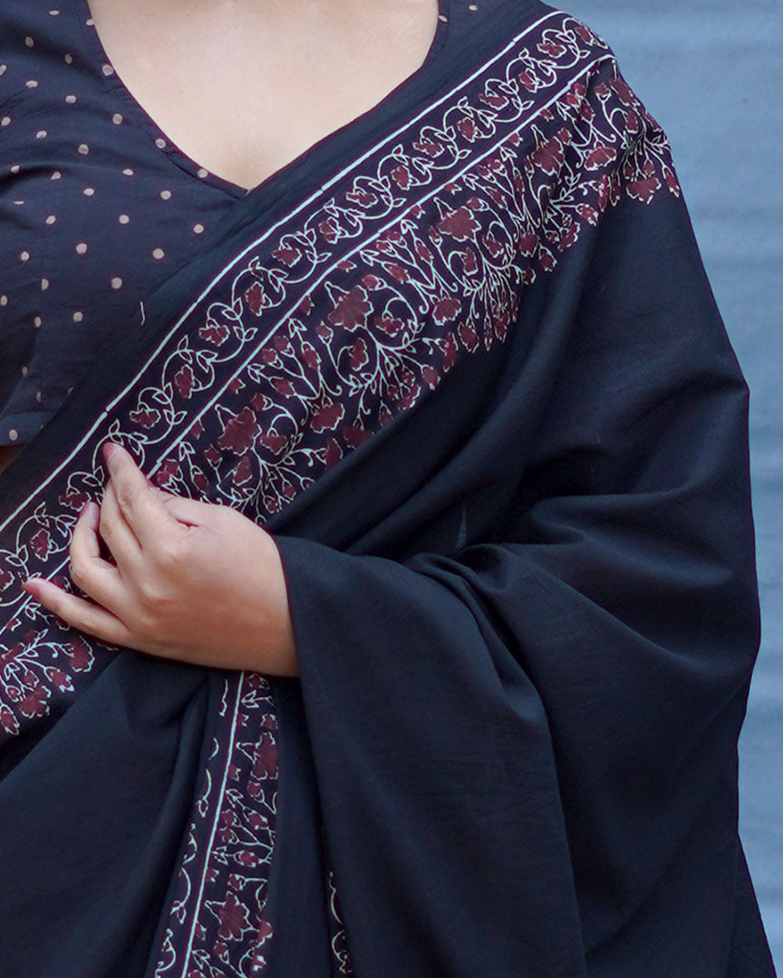 Binodini Black With Maroon Handblock Printed Cotton Saree - Soil