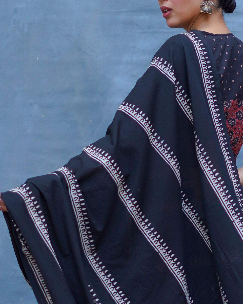 Mrinal Black With Maroon Handblock Printed Cotton Saree - Soil