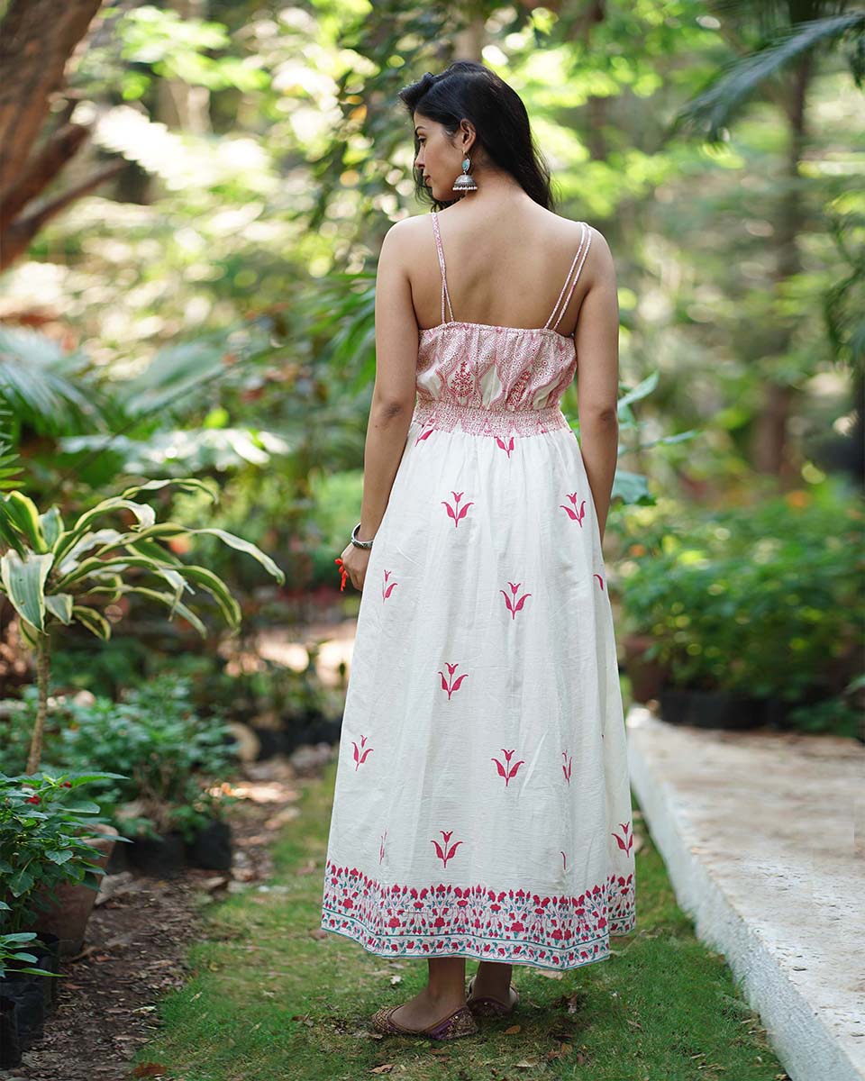 Bluebellâ€™s Breeze Ivory Block Printed Cotton Dress - MMG