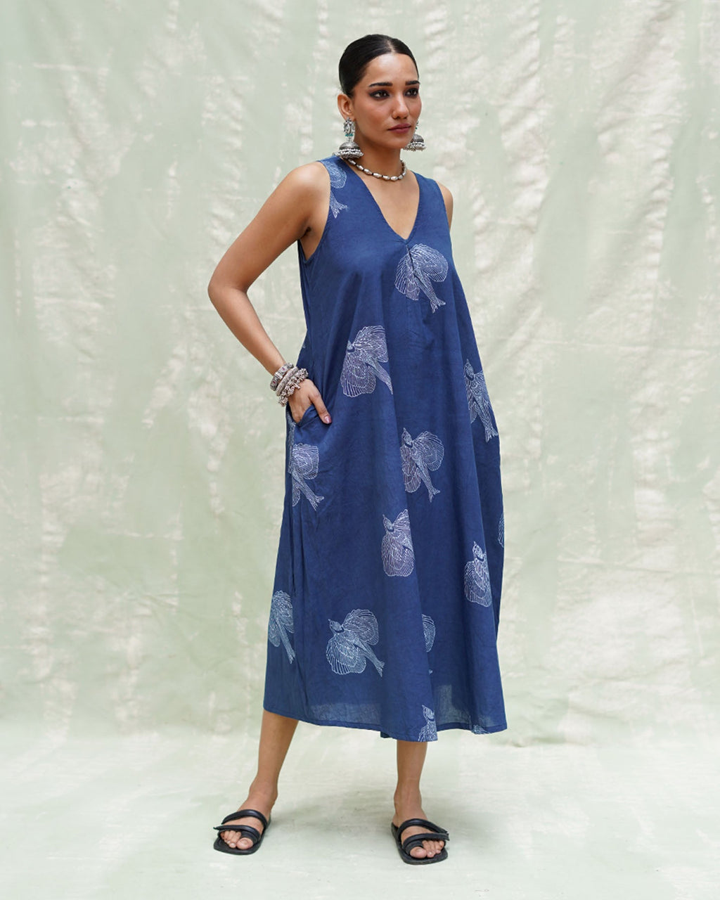 Adana Malhar Blue Handblock Print Cotton Dress - INDI