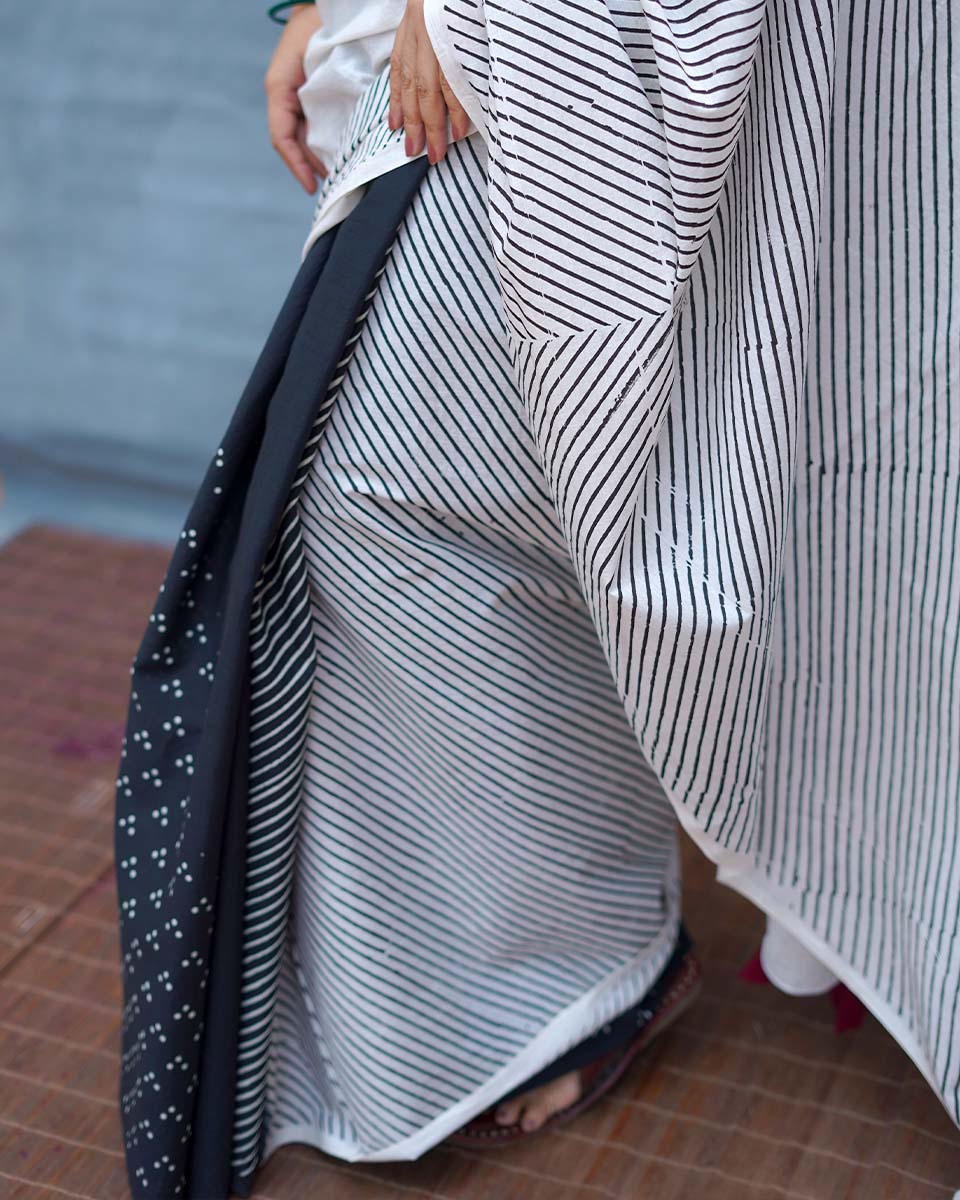 B&W Muse Black & White Handblock Print Cotton Saree - MIS