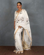 Aabroo White Handblock Linen Saree - TARA