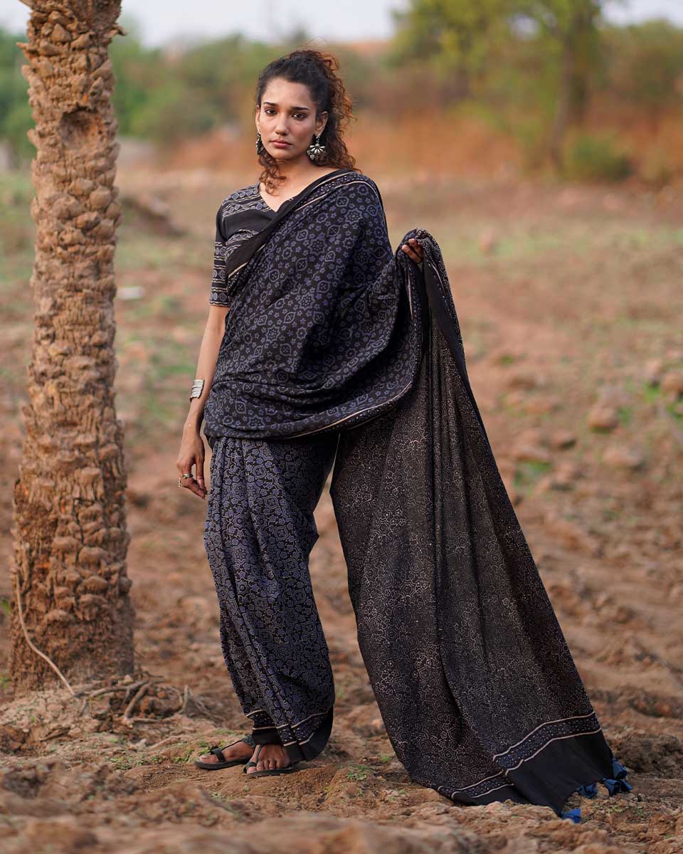 Nightscented Orchids Blockprinted Cotton Saree-WWB