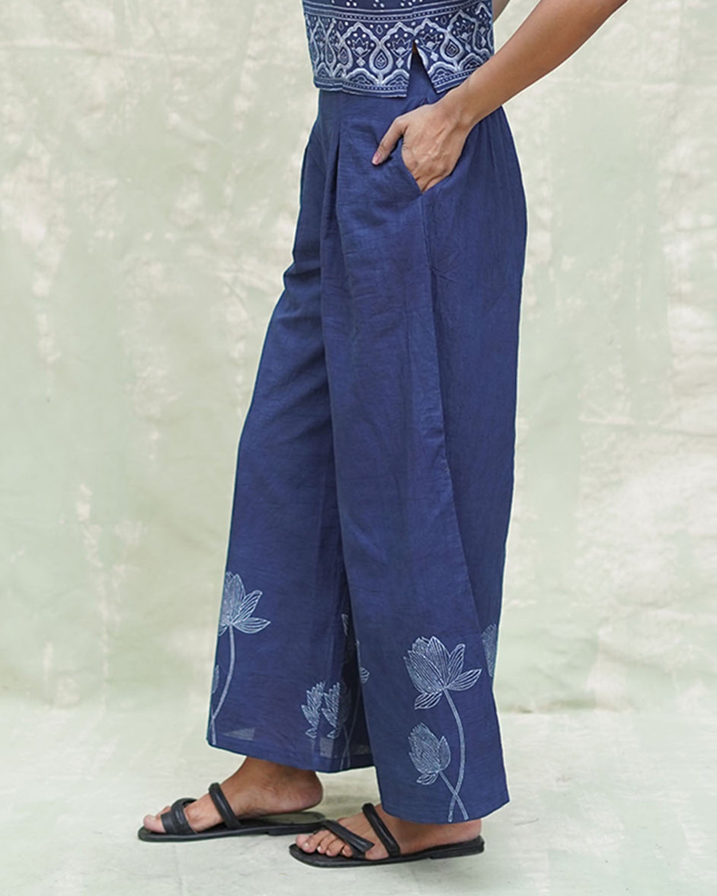 Kalashri Blue Handblock Print Cotton Pant - INDI