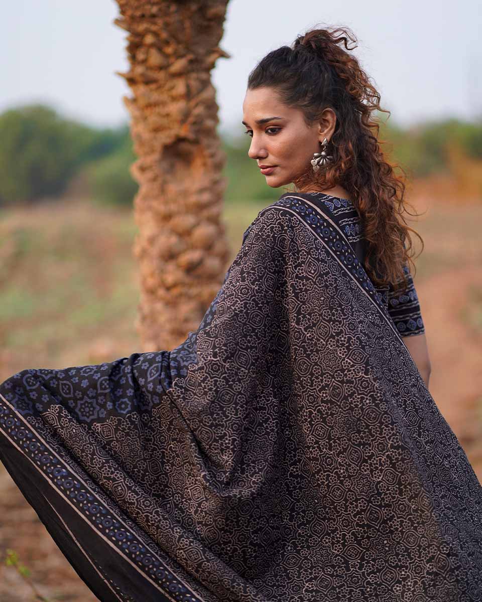 Nightscented Orchids Blockprinted Cotton Saree-WWB