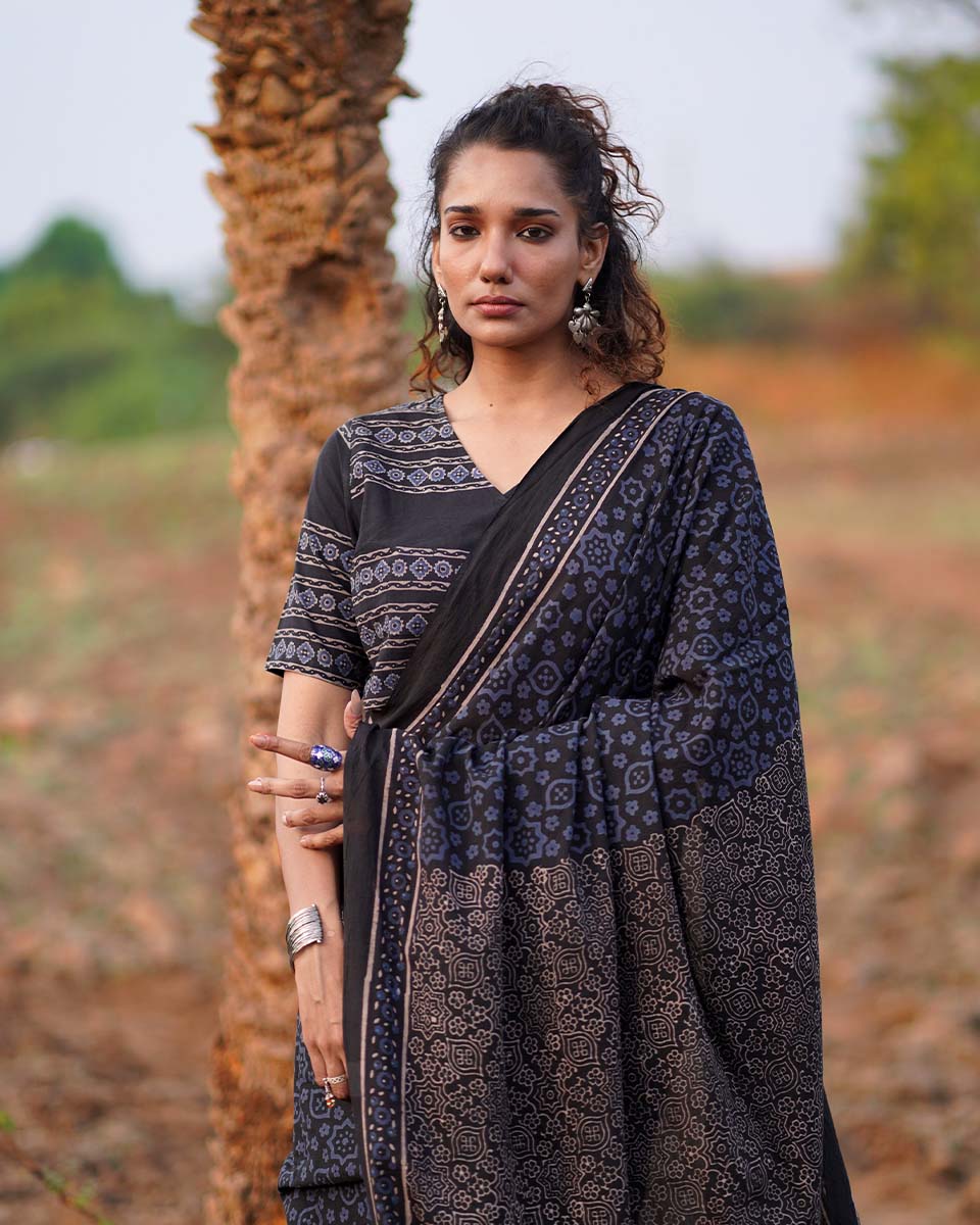 Nightscented Orchids Blockprinted Cotton Saree-WWB