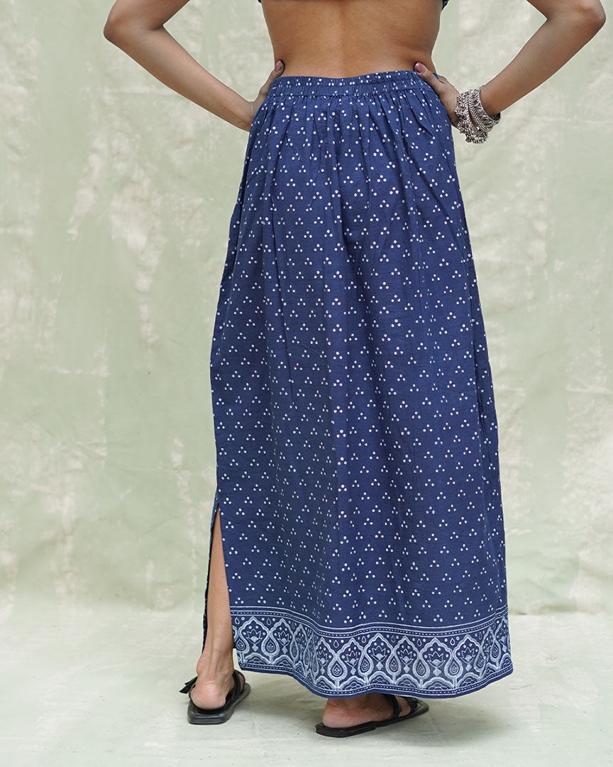 Malati Blue Handblock Print Cotton Skirt - INDI