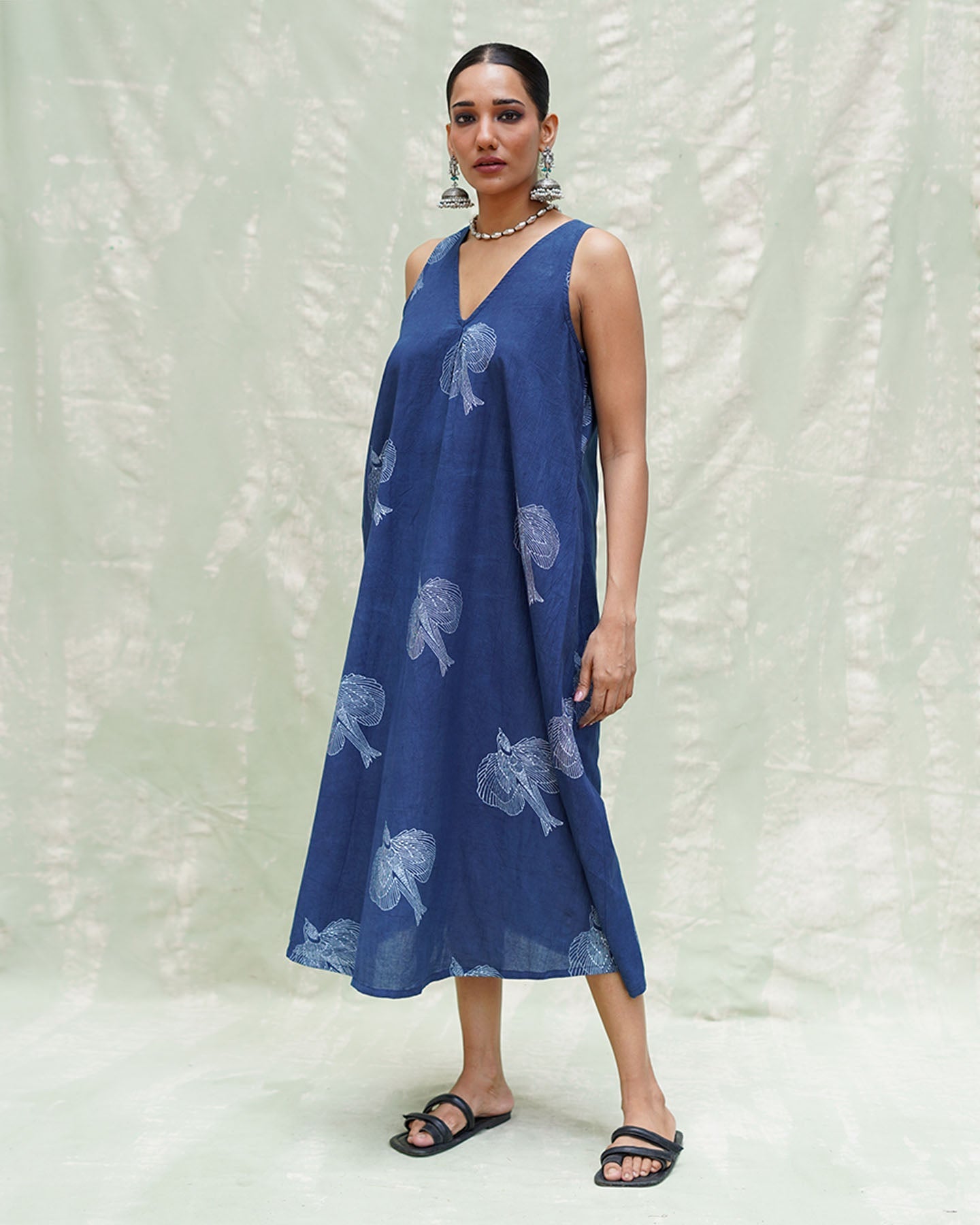 Adana Malhar Blue Handblock Print Cotton Dress - INDI
