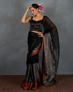 Follow Dawn Black Handwoven Linen Saree - TARA