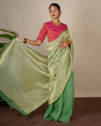 Ishya Green Handwoven Linen Zari Saree - Eknoor