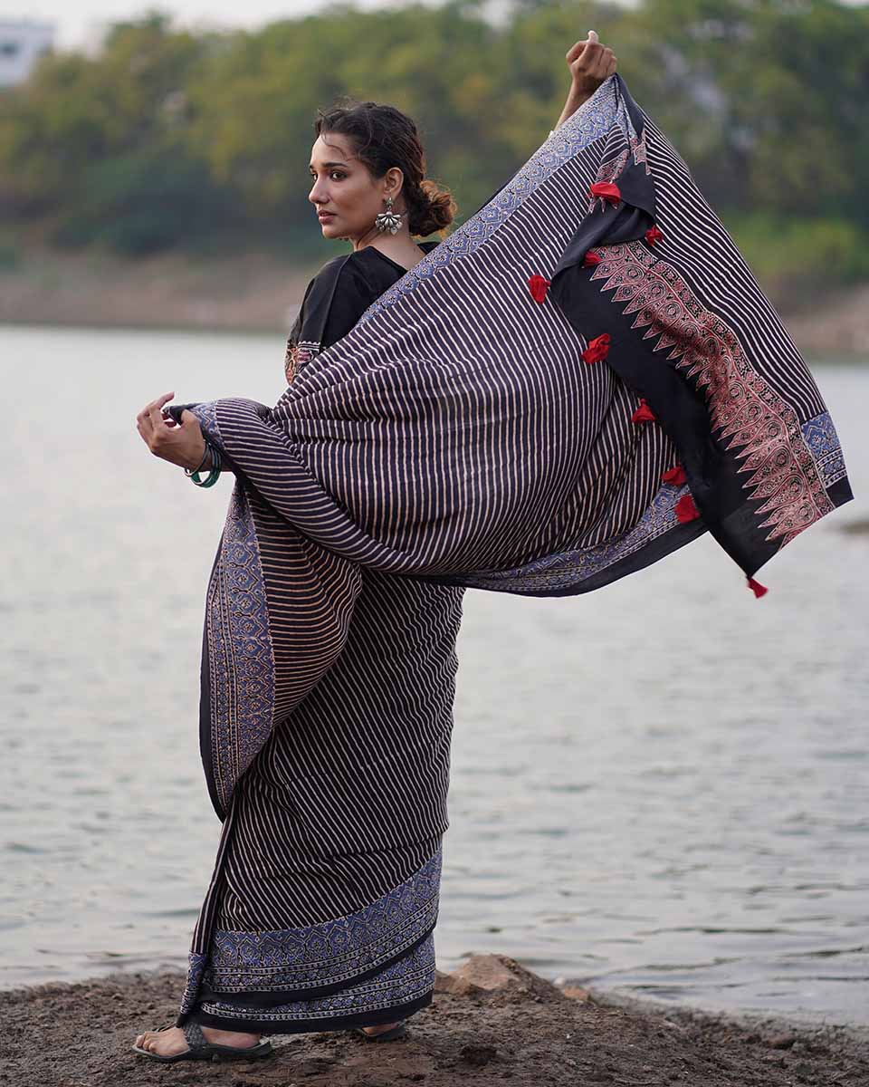 Bhumika Black Block printed Modal Silk Saree - Jaisal